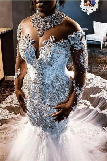 Luxury Long Sleeves Beading Appliques Rhinestones Mermaid Wedding Dress with Sweep Train_1