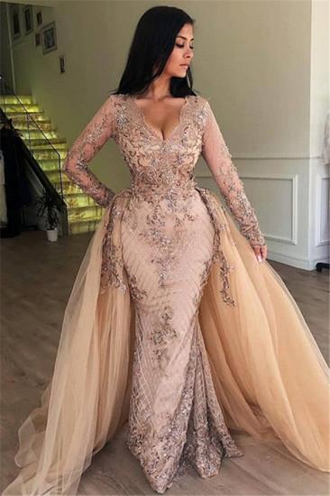 Elegant V-Neck Long Sleeves Tulle Evening Dresses | Sexy Mermaid Appliques Prom Dresses with Detachable Skirt_1