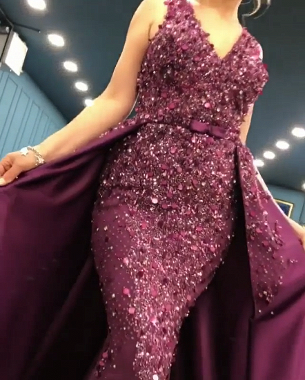 2022 Luxuriöse ärmellose Meerjungfrauen-lange Ballkleider | V-Ausschnitt Overskirt Applikationen Fashion Abendkleid_4