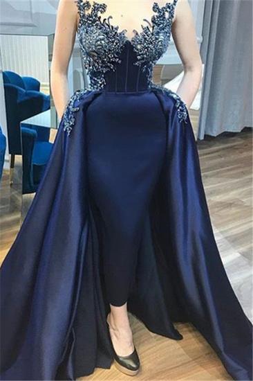 Sexy Dark Navy Sheath Prom Dresses 2022 | Sleeveless Appliques Beads Long Evening Dresses with Pockets_1