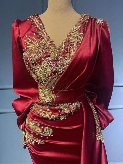 Elegant Long Red Evening Dress with Sleeves | V Neck Crystal Prom Dress_5