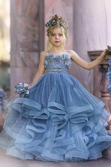 Nette trägerlose staubige blaue Rüschen Puffy Princess Flower Girl Kleider