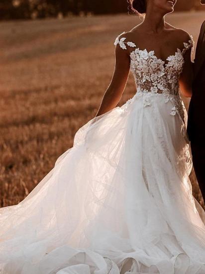 Sexy See-Through A-Line Wedding Dress Jewel Lace Tulle Short Sleeve Bridal Gowns Sweep Train_2