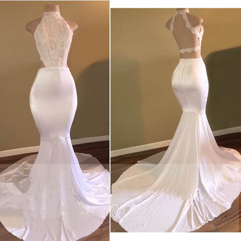 Newest White Mermaid High-Neck Sleeveless Prom Dress_4