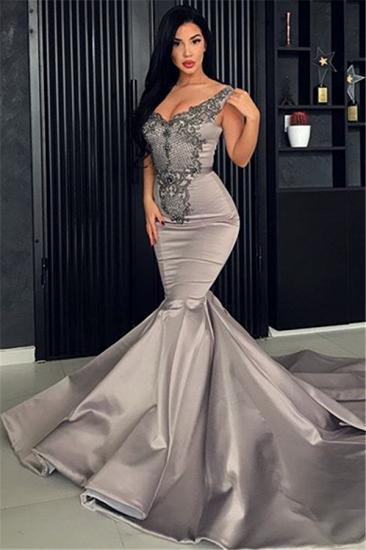 Hot V-Neck Silver Sleeveless Beaded Evening Dresses | Mermaid Beaded Appliques Evening Gowns_1