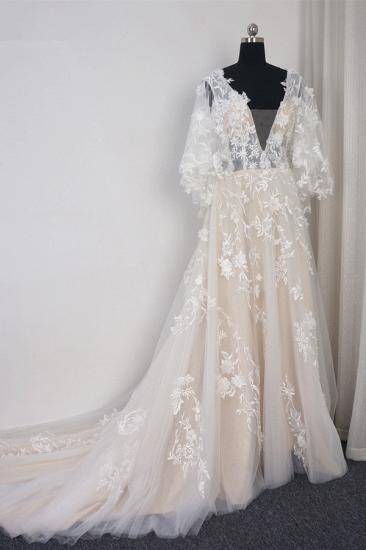 TsClothzone Stilvolles Brautkleid mit langen Ärmeln und V-Ausschnitt aus Tüll in A-Linie mit Applikationen und Rüschen Online_4