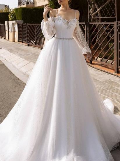 Formal A-Line Wedding Dress Spaghetti Strap Lace Tulle Sequined Long Sleeve Sexy Backless Bridal Gowns with Sweep Train