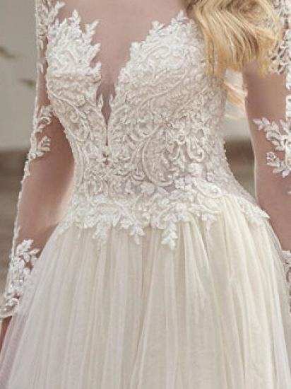Country Plus Size A-Linie Brautkleid Jewel Lace Tüll Long Sleeves Durchsichtige Brautkleider mit Sweep Train_3