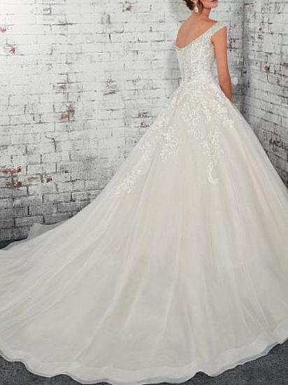 A-Line Wedding Dress Off Shoulder Lace Tulle Cap Sleeve Bridal Gowns Court Train_2