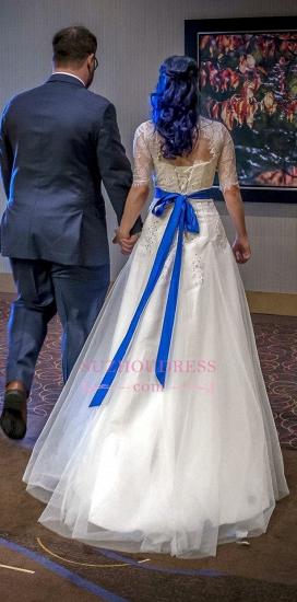Elegant Sashes Beaded Half-Sleeves Crystal A-Line Scoop Lace-Applique Wedding Dresses_3