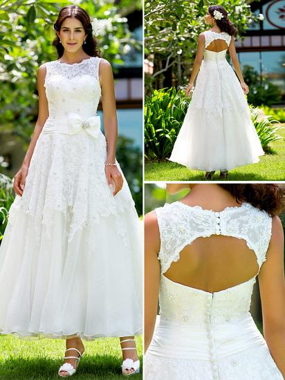 A-Line Wedding Dress Bateau Ankle Length Lace Straps White Bridal Gowns  On Sale_6