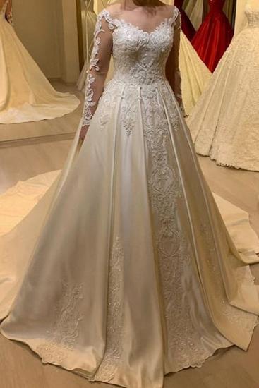 Elegant Off Shoulder Long Sleeves White Lace Satin Bridal Dress with Sweep Train_1