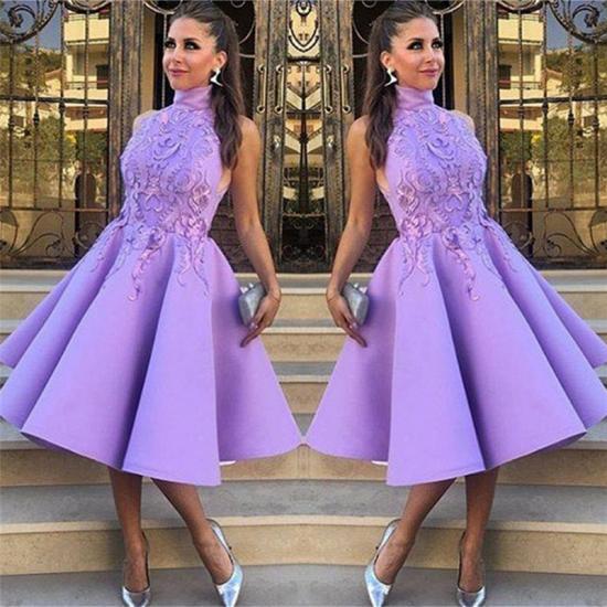 High Neck Lavender Lace Appliques Sexy Evening Gowns | Sleeveless Knee Length  Formal Evening Dresses_3