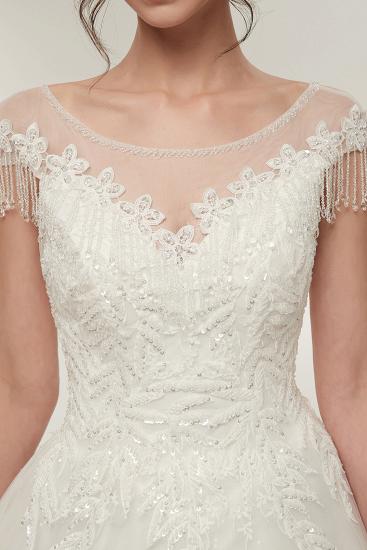 YVETTE | A-line Cap Sleeves Scoop Floor Length Lace Appliques Wedding Dresses with Crystals_3