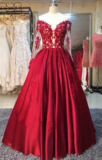 Red Prom Dresses Off-the-Shoulder Lace Appliques Long Sleeves Puffy Evening Gowns_1
