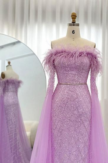 Glamorous Glitter Beading Mermaid Evening Gowns Fur Tulle Long Party Dress with Cape Sleeves_3