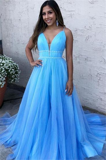 Sky Blue Spaghetti-Straps A-Line Tulle Sleeveless Prom Dress