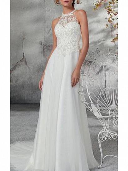 Affordable A-Line Wedding Dress High Neck Chiffon Tulle Regular Straps Bridal Gowns Court Train