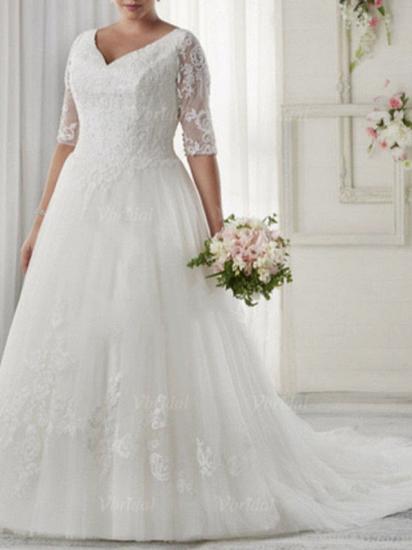 Illusion A-Line Wedding Dress V-Neck Tulle Half Sleeve Bridal Gowns Sweep Train