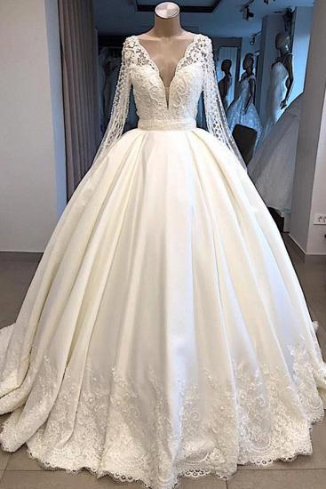 V-neck Long Sleeve Ball Gown Wedding Dress 2022 | Satin Beaded Lace Luxury Bridal Gowns Online_2