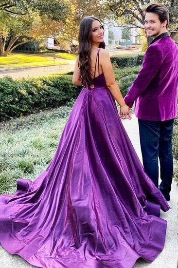 Purple V-neck Princess Satin Sleeveless Prom Dresses_2
