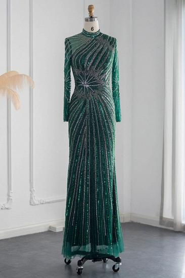 Elegante Abendkleider im Meerjungfrau-Stil mit Stehkragen und langen Ärmeln, Perlenstickerei und Kristallschärpe_16