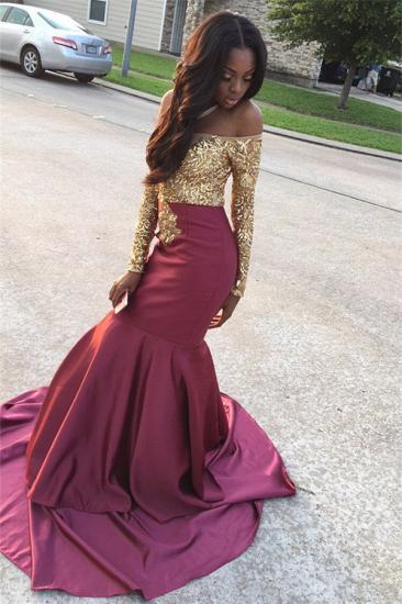 Gold Lace Appliques Off The Shoulder Evening Gowns Long Sleeve Mermaid 2022 Prom Dress_5
