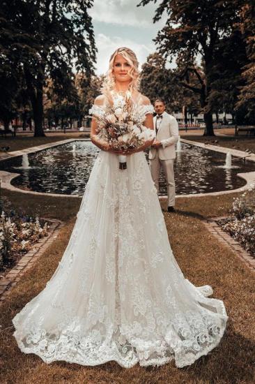 Off Shoulder 3D Flroal Lace Appliques Wedding Dress