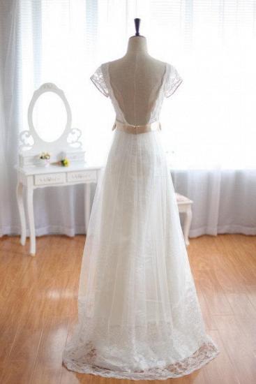 A-Line Short Sleeve Empire Bridal Dress Open Back Lace Floor Length Wedding Dresses_3