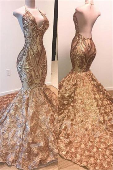 V-neck Backless Sexy Gold Prom Dress Cheap Online | Mermaid Appliques 2022 Floral Prom Dress with Long Train