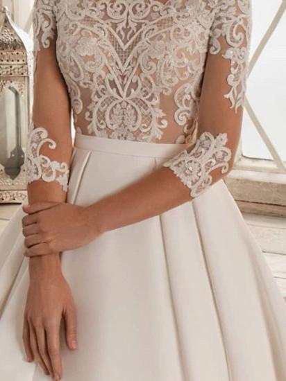 Formal A-Line Wedding Dress Bateau Lace Satin 3/4 Length Sleeves Bridal Gowns with Sweep Train_3