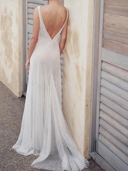 Vintage A-Line Wedding Dress V-neck Tulle Sleeveless Sexy See-Through Bridal Gowns in Color with Court Train_3