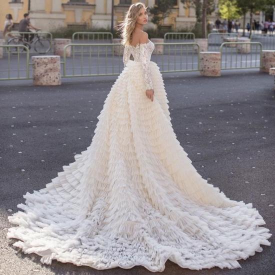 Off the Shoulder Wedding Gown Long Sleeve Floral Mermaid with Detachable Train_4