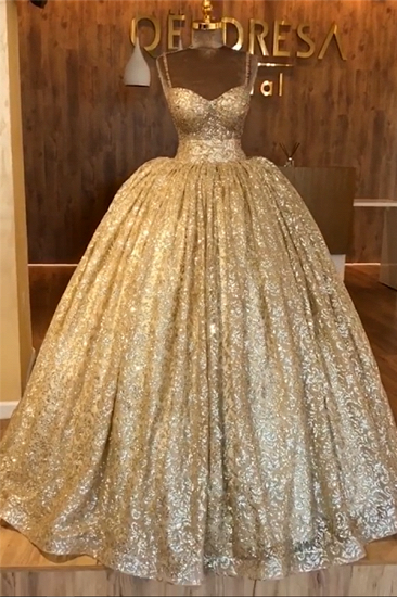 Spaghetti Straps Gold Beaded Lace Evening Dress | Luxury Ball Gown Princess Open Back Prom Dress