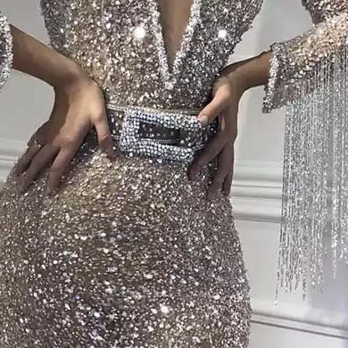 Luxury Deep V-Neck Mermaid Evening Dresses | 2022 Long Sleeves Sequins Crystal Prom Dresses with Tassels_5