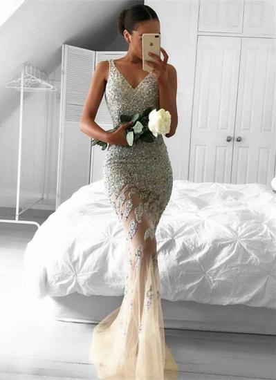 Straps Gorgeous Sheer Sleeveless Beads Tulle Mermaid Evening Dress_1