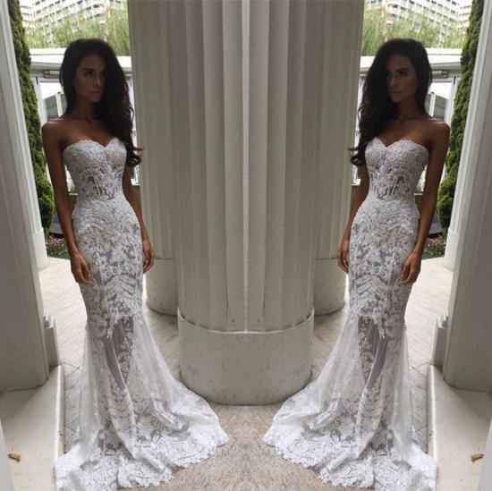 White Sweetheart-Neck Sheer Lace Appliques Mermaid Wedding Dresses_5