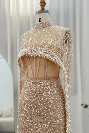 Gorgeous Champagne Cape Sleeves Mermaid Evening Dress Dubai See-through Pearls Party Dress_7