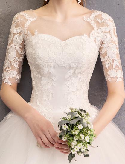 Elegant Half Sleeves Lace Tulle White Ball Gown Wedding Dresses_8
