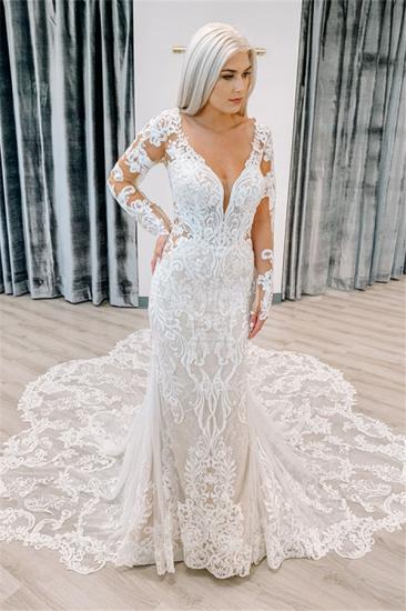 Chic Lace Long sleeves Court Train Column Wedding Dress_1