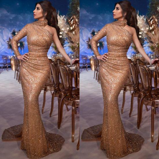 Glamorous Hign-Neck One-Shoulder Sequins Mermaid Evening Gown_2