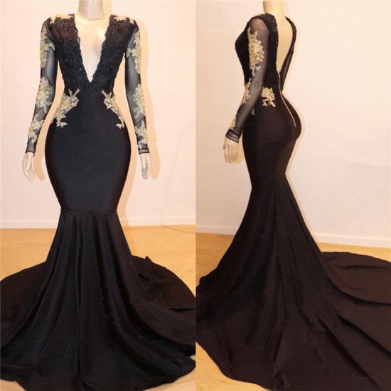 V-neck Gold Lace Open Back Prom Dresses Cheap | Mermaid Long Sleeve Sexy Black Graduation Dress 2022_3