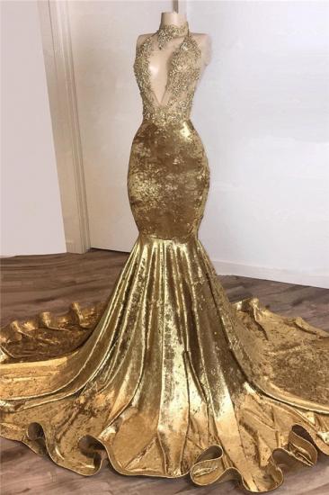 Halter Backless Gold Prom Dresses Cheap with Beads Appliques | Mermaid Velvet Sexy Evening Gowns_1