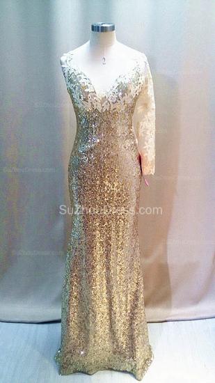 Gold Sequined One Long Sleeve Evening Dresses Sheer Back Sexy Sparkly Long Dresses for Women_4