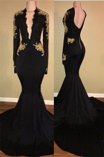 Gold Lace Long Sleeve Prom Dress 2022 | Sexy Black Open Back Mermaid Evening Dress Cheap_1