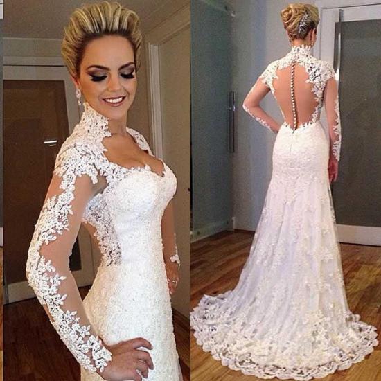 New Arrival Sheath High Collar Lace Wedding Dress Long Sleeve Custom Made Bridal Gown_2