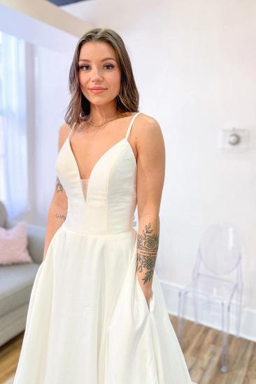 Sexy A-Line Spaghetti Strap Sweetheart Satin Backless Wedding Dress | Wedding Dress with Pockets