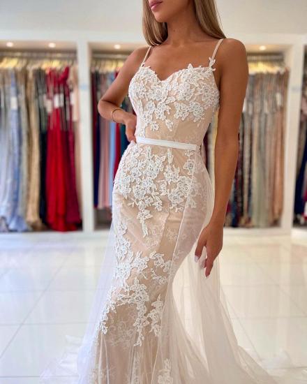 Stunning Spaghetti Straps Sweetheart Lace Mermaid Evening Dress with Tulle Detachable Train_4