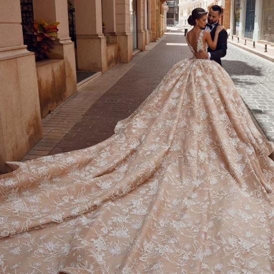Glamorous V-Neck Sleeves Floral Pattern Ball Gown  Champagne Aline Wedding Gowns_3