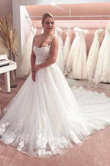 Elegant Spaghetti Strap A-Line Lace Appliquéd Tulle Wedding Dress